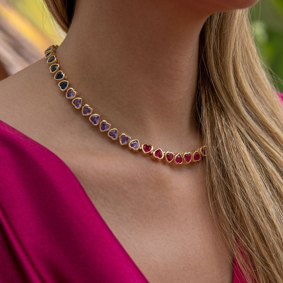 Gargantilla tennis de corazones en colores, chapa de oro 14k - Lavanda, detalle